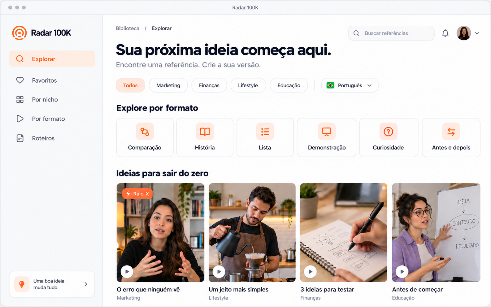 Prévia do Radar 100K: biblioteca com busca, filtros por nicho, categorias de formatos e referências de conteúdo.